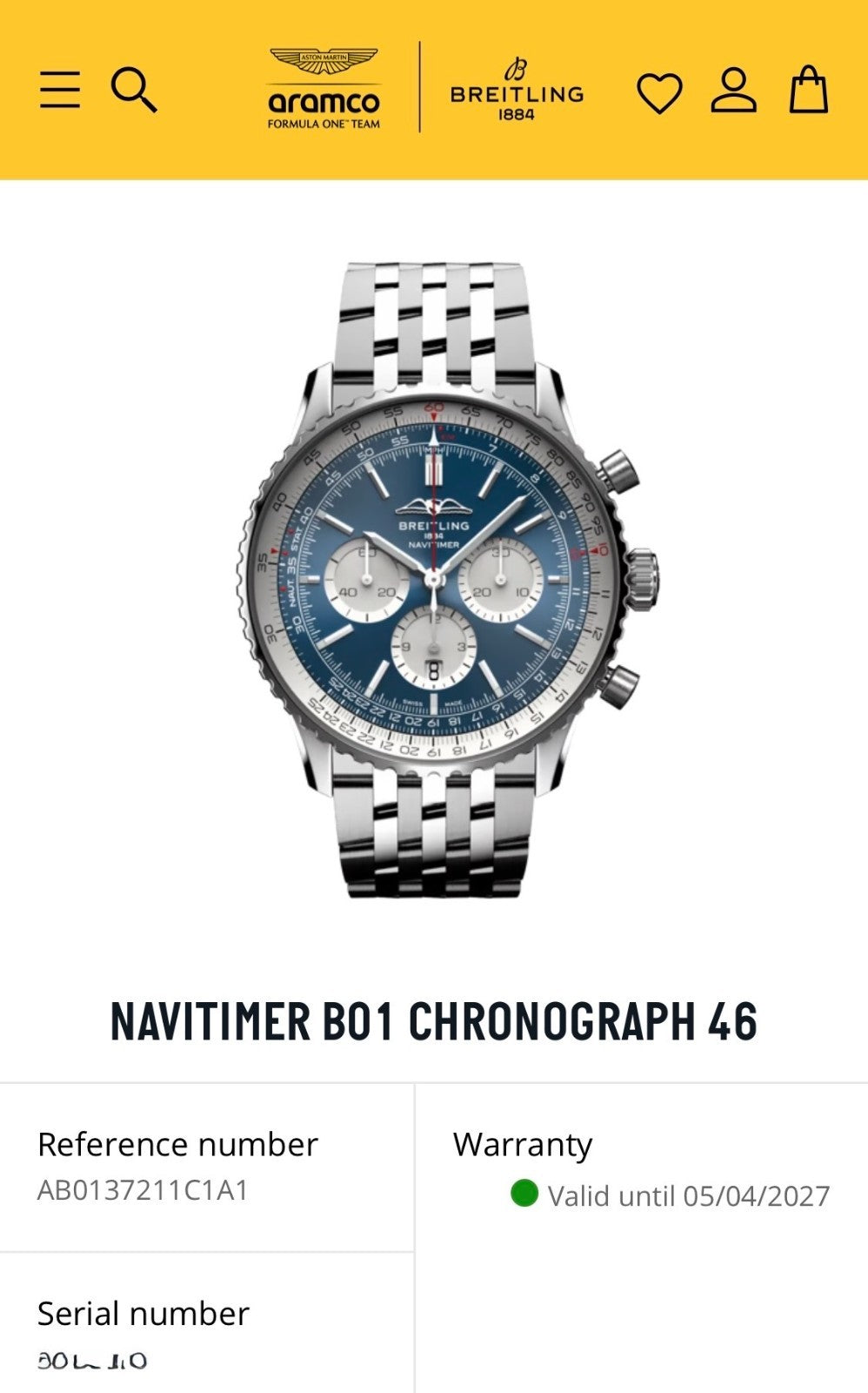 Breitling Navitimer B01 Chronograph AB0137 Blue 46m Bracelet FULL SET & WARRANTY