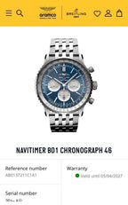 Breitling Navitimer B01 Chronograph AB0137 Blue 46m Bracelet FULL SET & WARRANTY