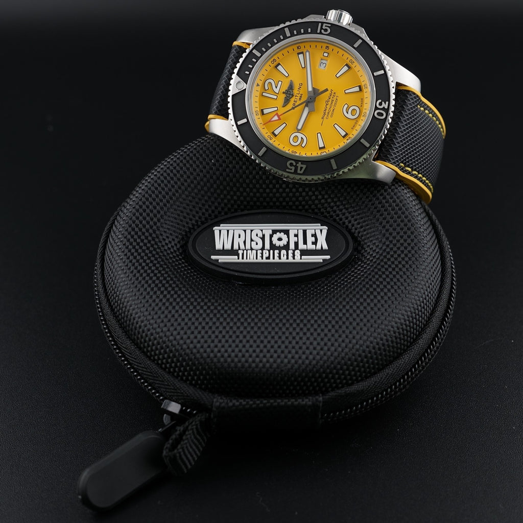 Breitling Superocean A17367 44mm Yellow Dial Steel Bracelet Box & Card & Manual