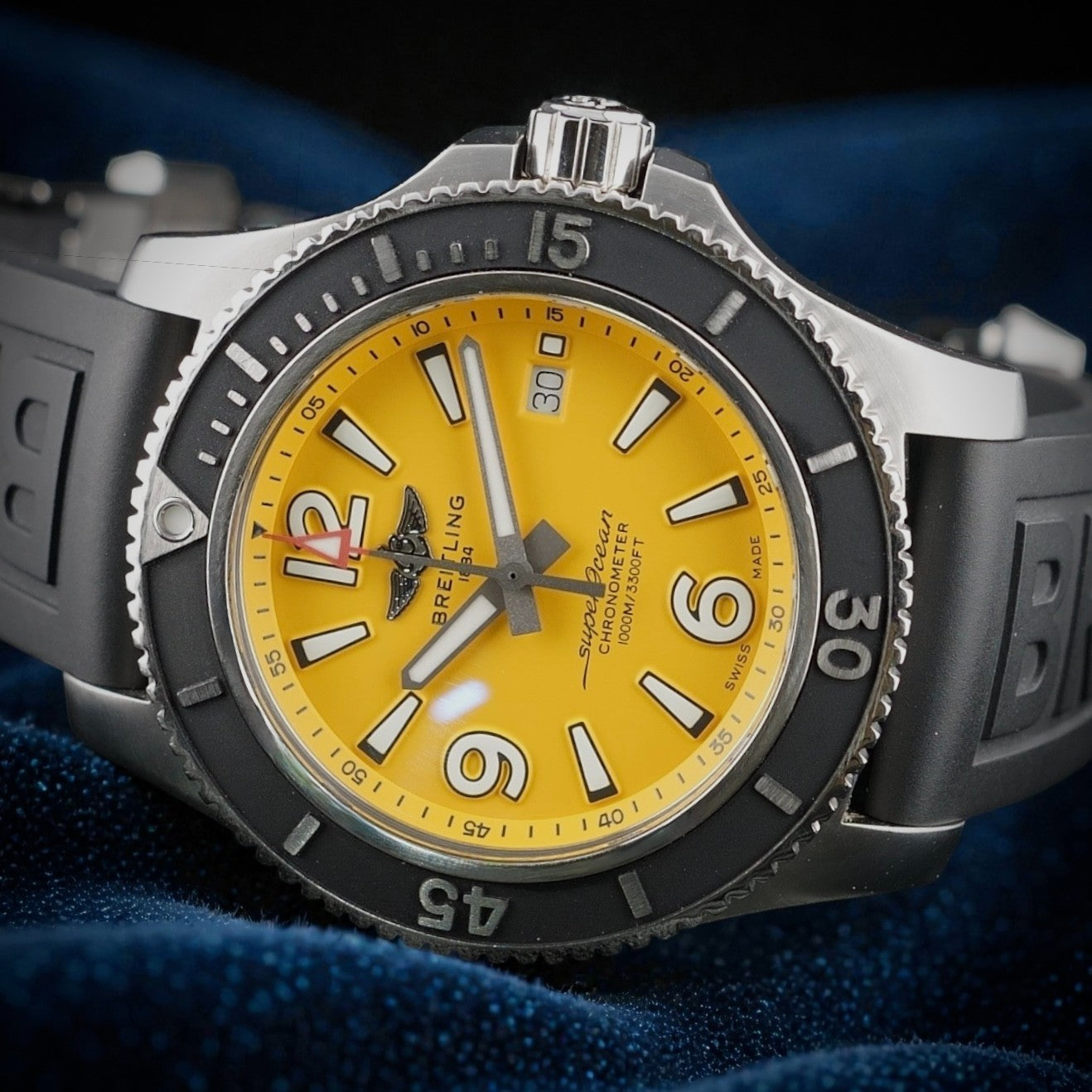 Breitling Superocean A17367 44mm Yellow Dial Steel Bracelet Box & Card & Manual