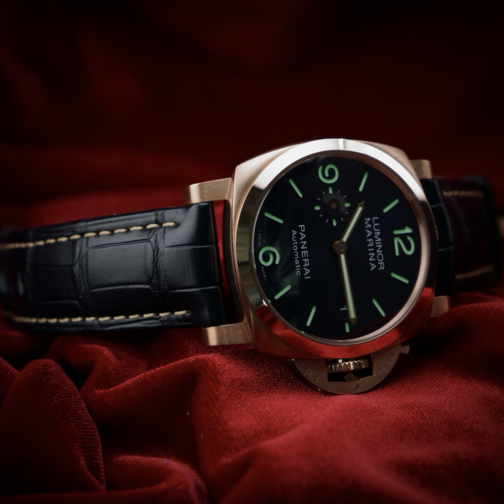 Panerai Luminor Marina Rose Gold Blue Dial Mens Watch PAM01112 Box Card 2 Straps