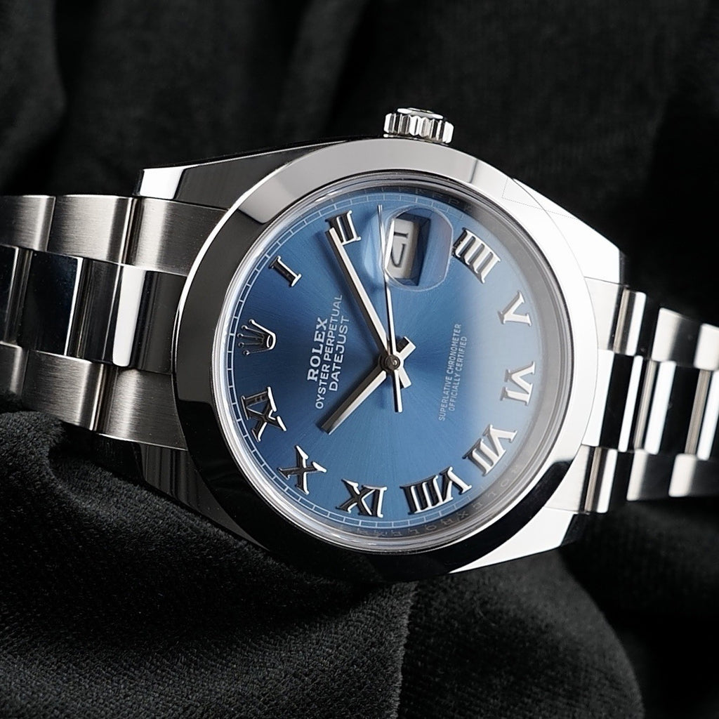Rolex Datejust 41  126300 Blue Roman Dial Smooth Bezel Oystersteel Box Card 2021