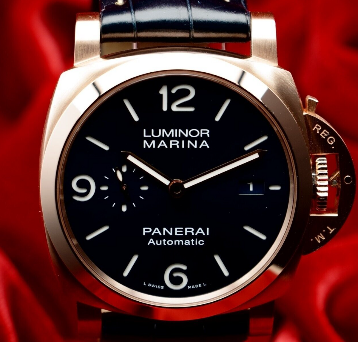 Panerai Luminor Marina Rose Gold Blue Dial Mens Watch PAM01112 Box Card 2 Straps
