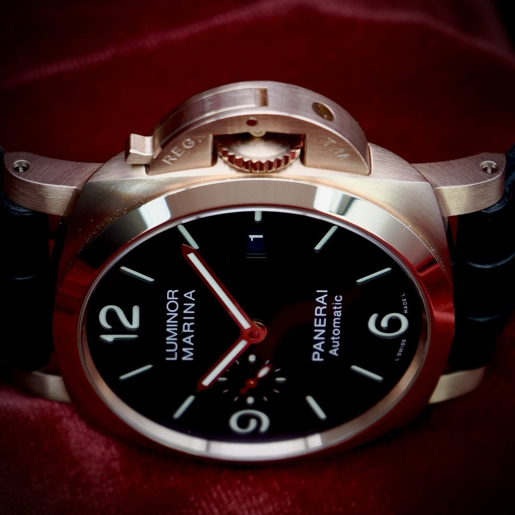 Panerai Luminor Marina Rose Gold Blue Dial Mens Watch PAM01112 Box Card 2 Straps