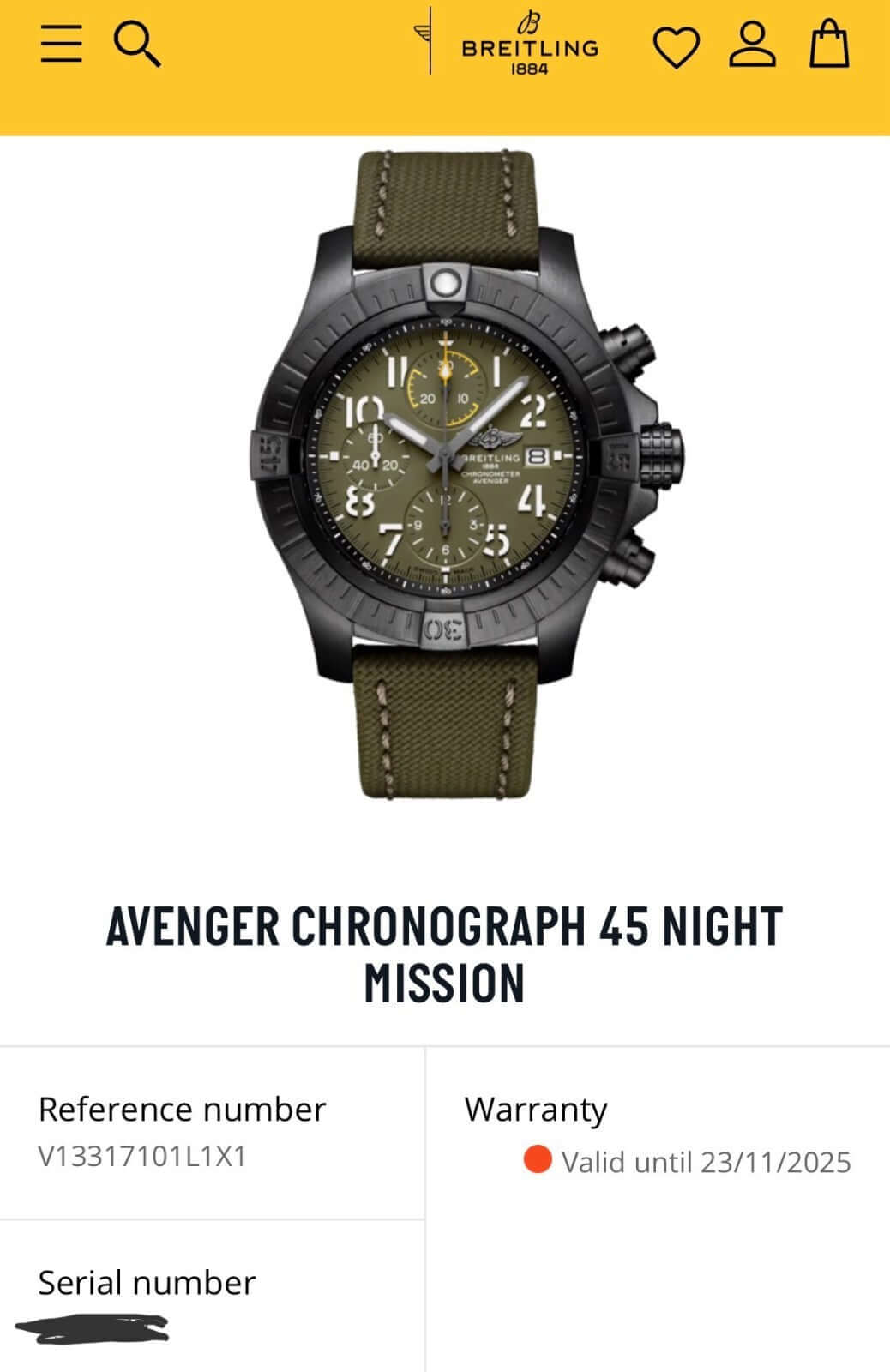 Breitling Avenger Chronograph 45 Night Mission V13317 Green Titanium - FULL SET