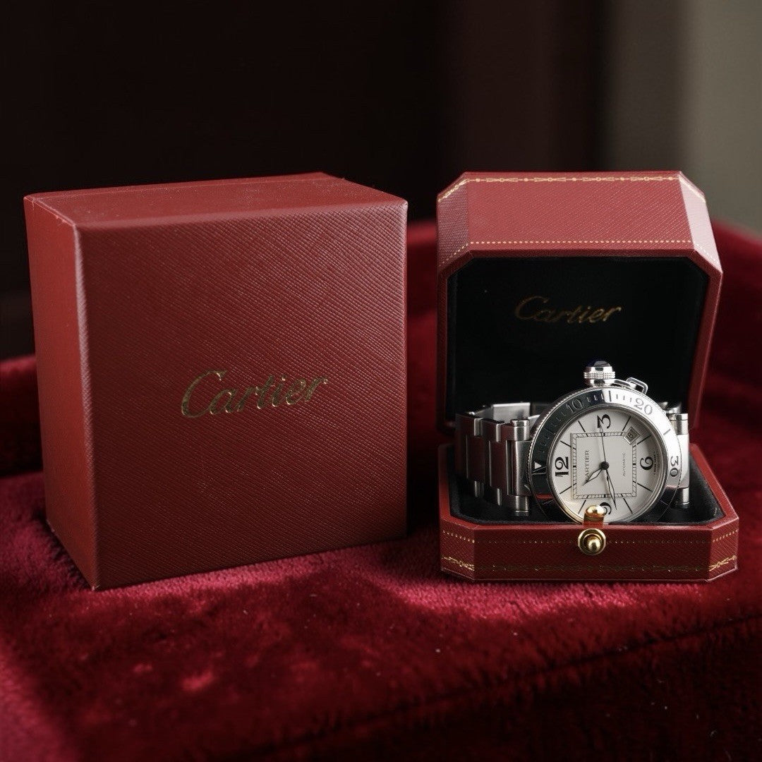 Cartier Pasha 40mm Automatic 2790 White Dial Steel Date Men’s Watch Box Bracelet