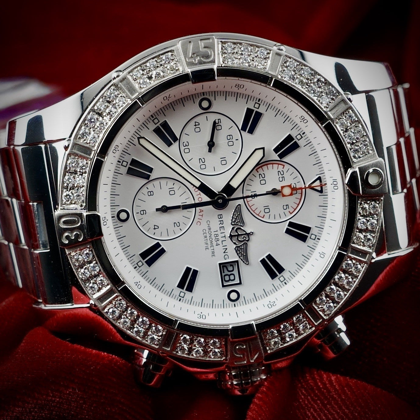 Breitling Super Avenger A13370 | White Dial | 48mm Diamond Bezel | Box & WFT Ext