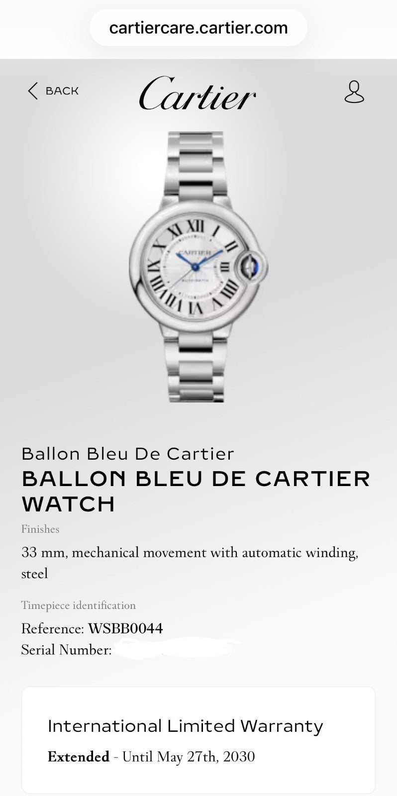 Cartier Ballon Bleu 33mm Automatic Mechanical Movement FULL SET -4 Year Warranty