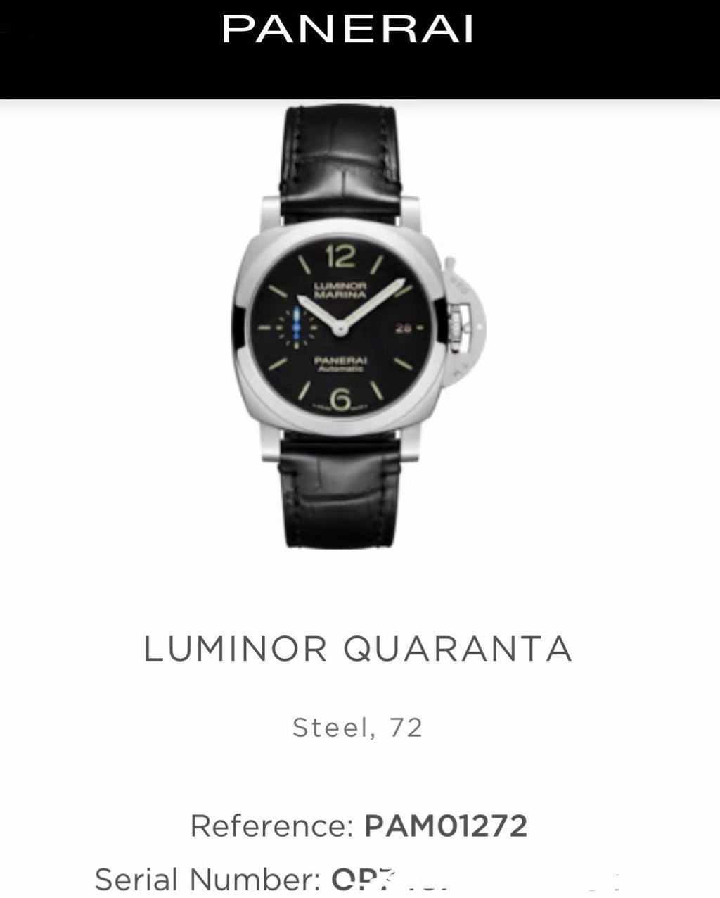 Panerai Luminor Marina Quaranta PAM01272 40mm, Full Set, 2 Straps, 3yr Warranty