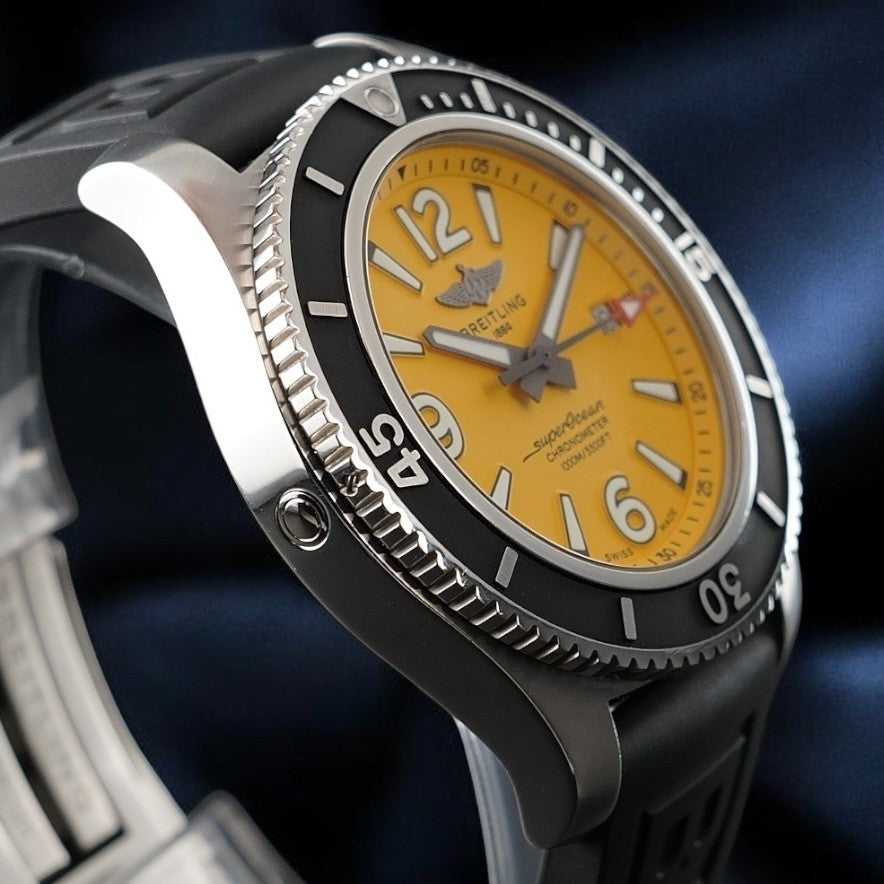 Breitling Superocean A17367 44mm Yellow Dial Steel Bracelet Box & Card & Manual