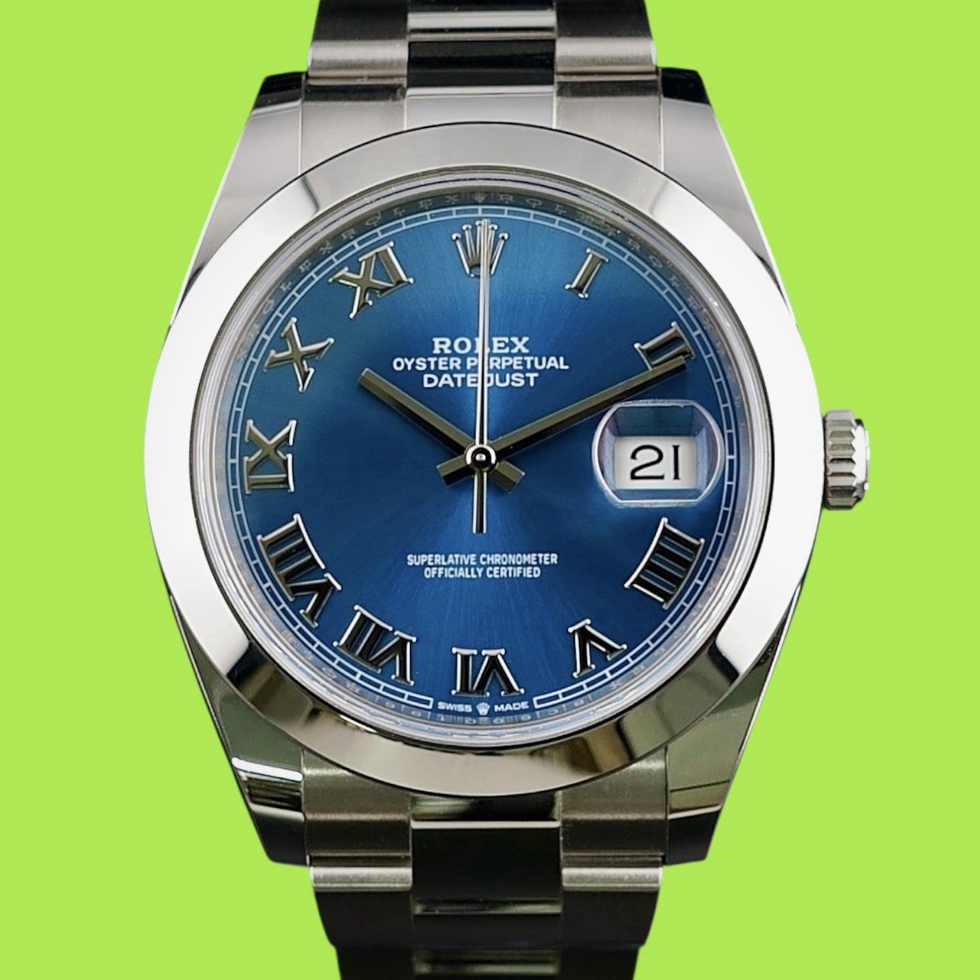 Rolex Datejust 41  126300 Blue Roman Dial Smooth Bezel Oystersteel Box Card 2021