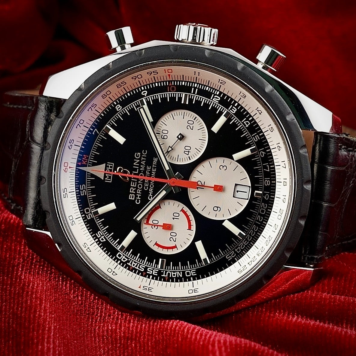 Breitling Chrono-Matic 49 Auto Chronograph Black/White Dial -FULL SET-  2 Straps
