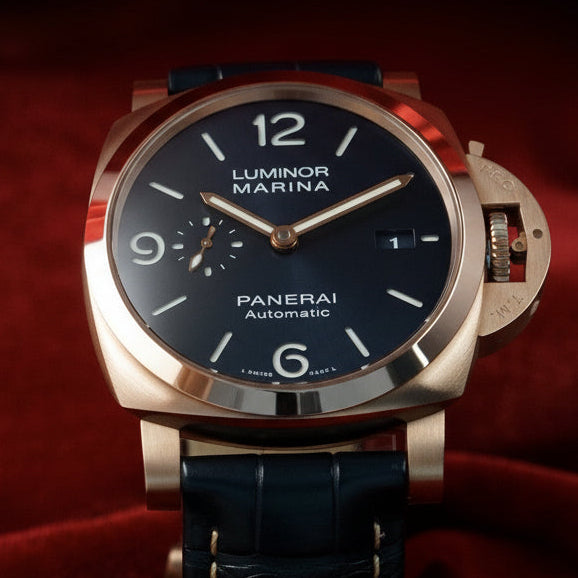 Panerai Luminor Marina Rose Gold Blue Dial Mens Watch PAM01112 Box Card 2 Straps