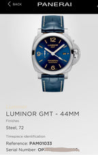 Panerai Luminor GMT - PAM01033 Blue Dial 44mm, Box & Docs -Two Straps, Excellent