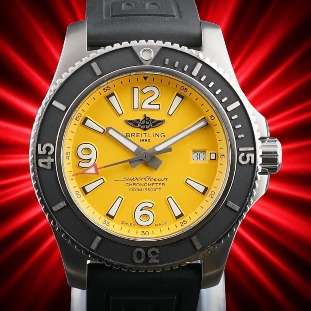 Breitling Superocean A17367 - 44mm, Yellow Dial, FULL SET, 3 Straps, Box & Card