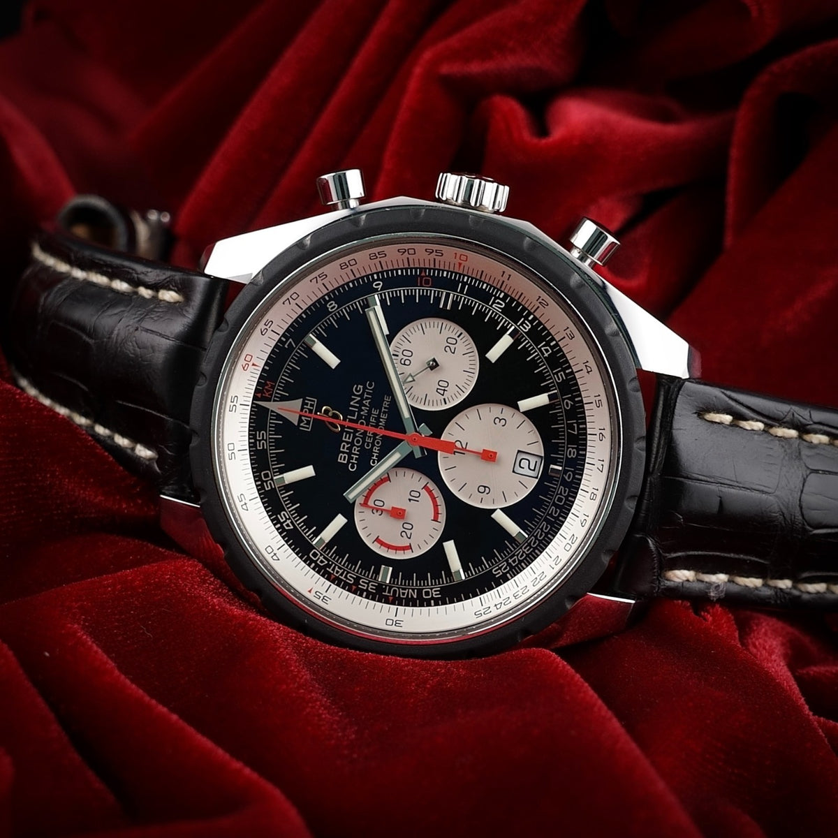 Breitling Chrono-Matic 49 Auto Chronograph Black/White Dial -FULL SET-  2 Straps
