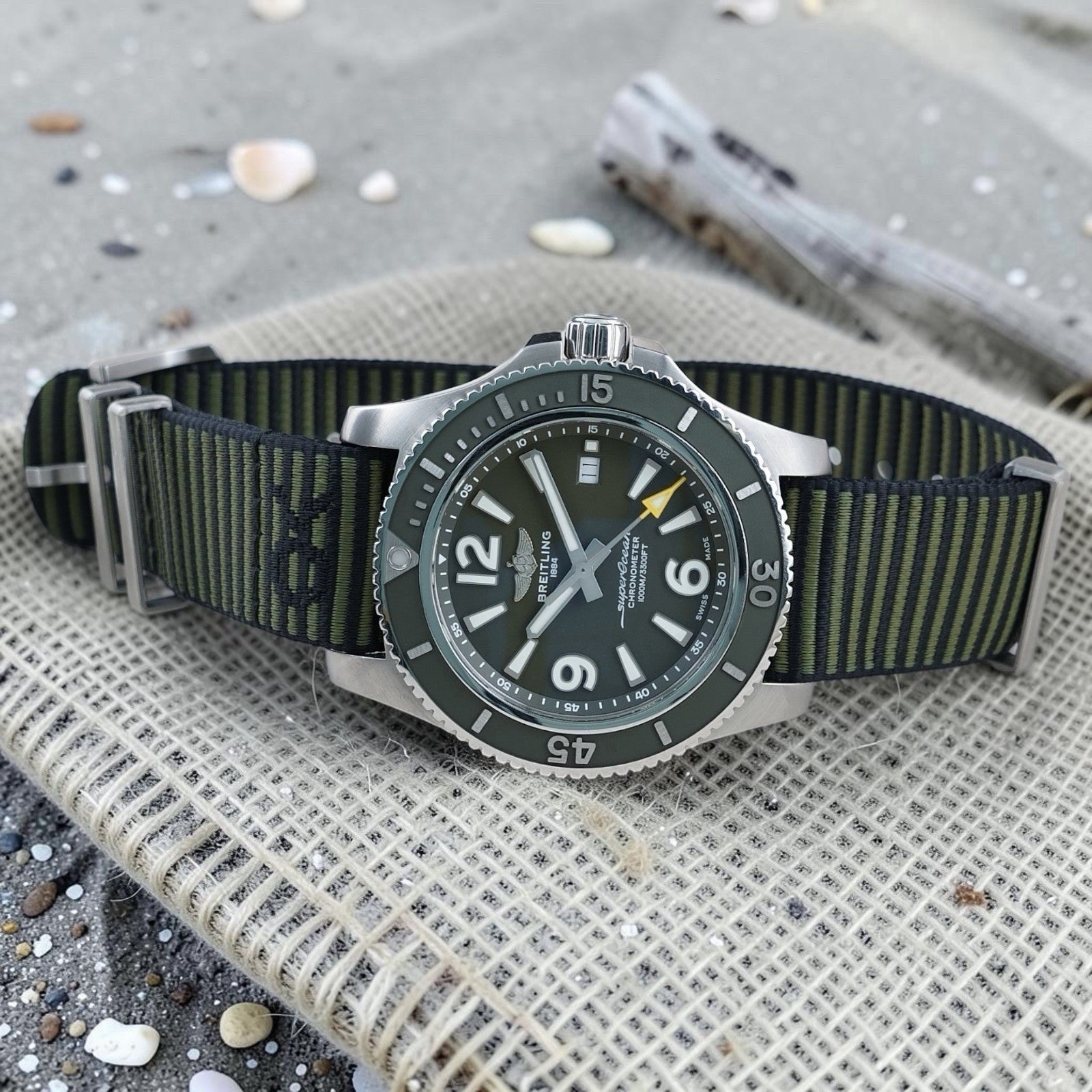 Breitling Superocean A17367 Automatic 44mm Outerknown Green Dial NATO Box & Docs