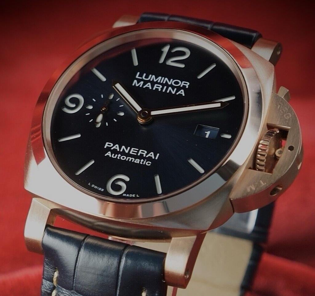 Panerai Luminor Marina Rose Gold Blue Dial Mens Watch PAM01112 Box Card 2 Straps