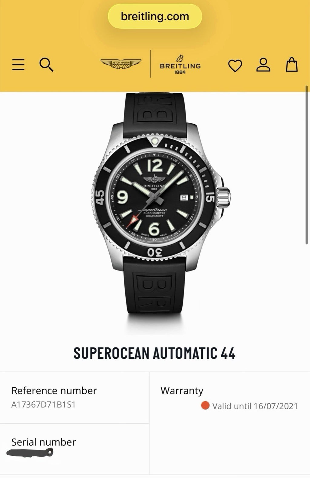 Breitling SuperOcean A17367 Automatic, 44mm, Black & Red Dial, 2 straps -B&P