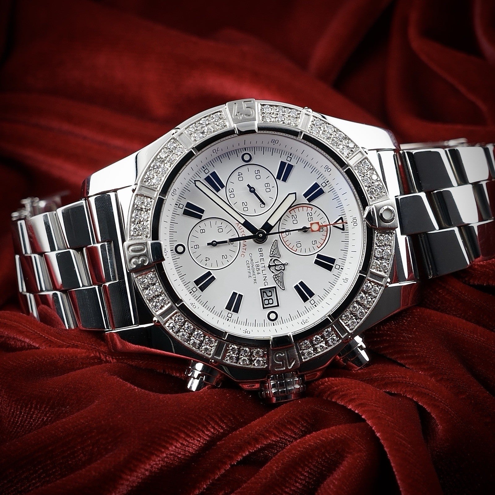 Breitling Super Avenger A13370 | White Dial | 48mm Diamond Bezel | Box & WFT Ext