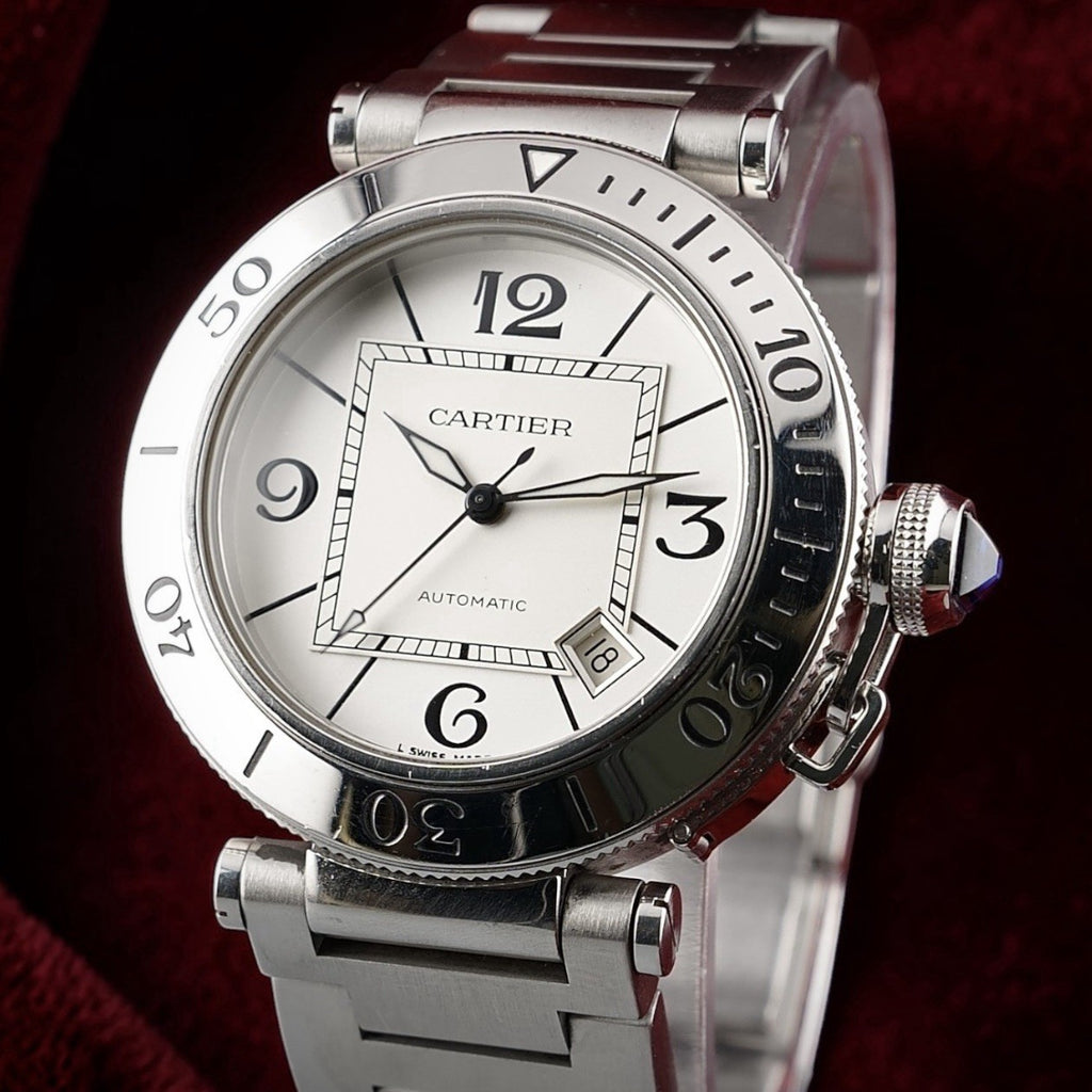 Cartier Pasha 40mm Automatic 2790 White Dial Steel Date Men’s Watch Box Bracelet