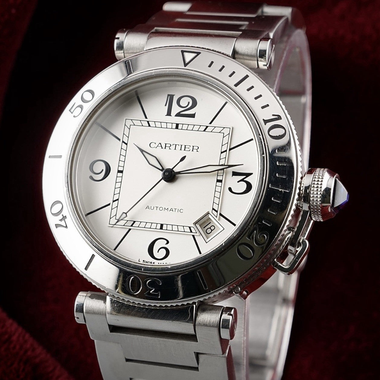 Cartier Pasha 40mm Automatic 2790 White Dial Steel Date Men’s Watch Box Bracelet