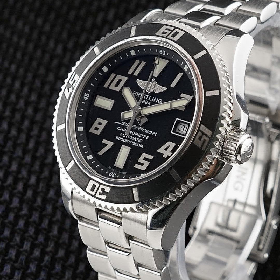 Breitling Superocean 42mm - Black Dial -Steel Bracelet & Extra Strap,  A17364