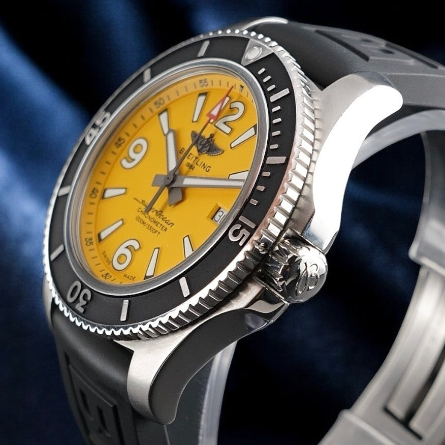 Breitling Superocean A17367 44mm Yellow Dial Steel Bracelet Box & Card & Manual