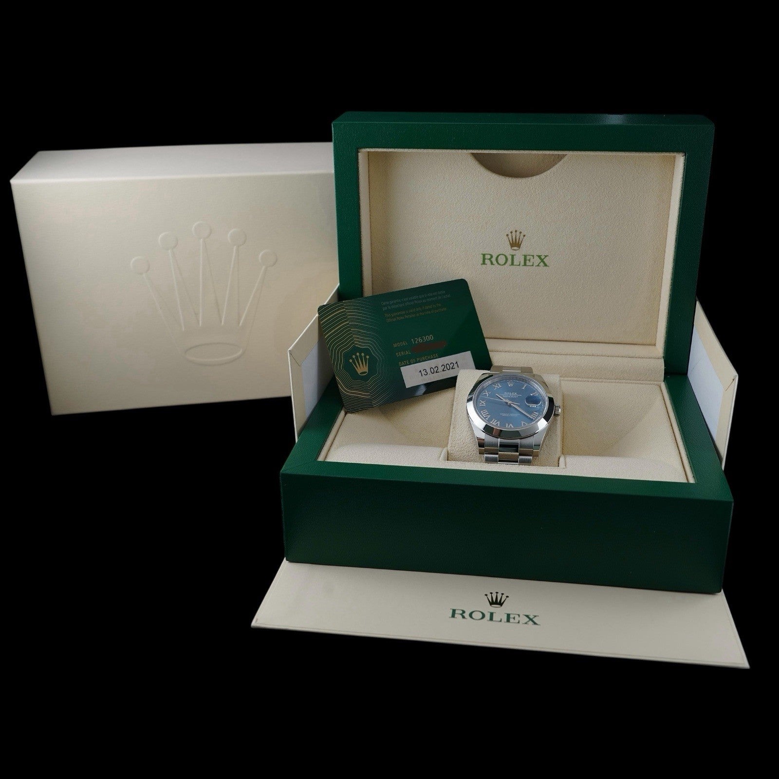 Rolex Datejust 41  126300 Blue Roman Dial Smooth Bezel Oystersteel Box Card 2021