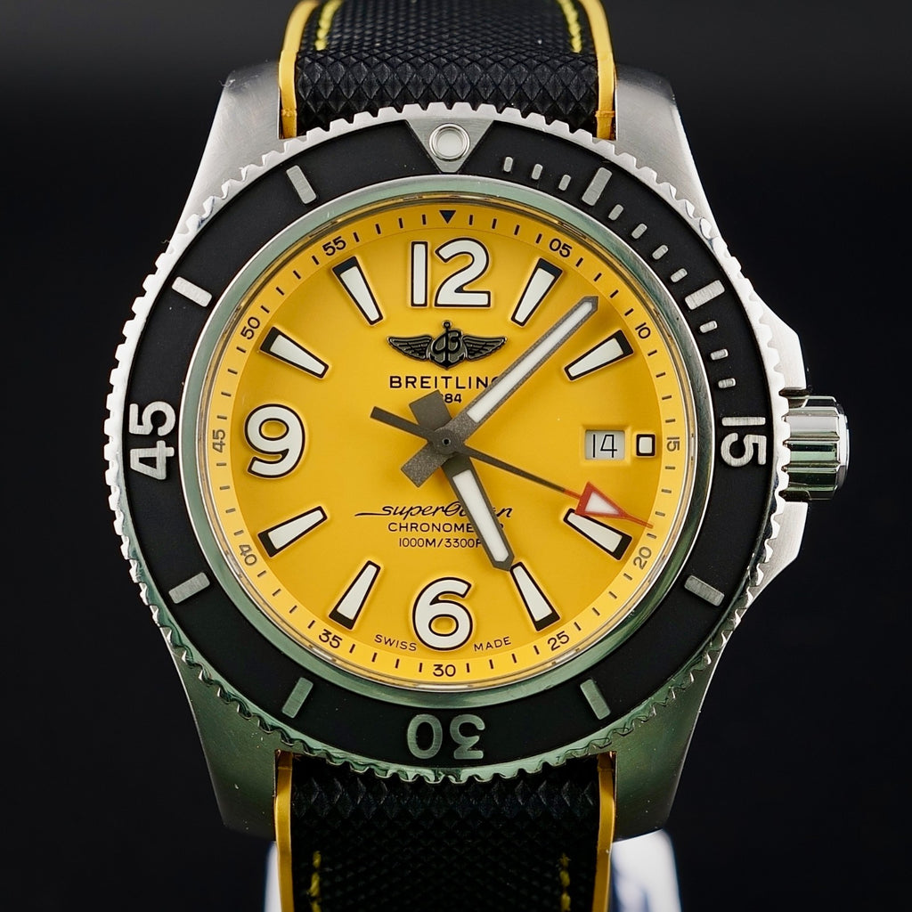 Breitling Superocean A17367 44mm Yellow Dial Steel Bracelet — front-facing dial shot