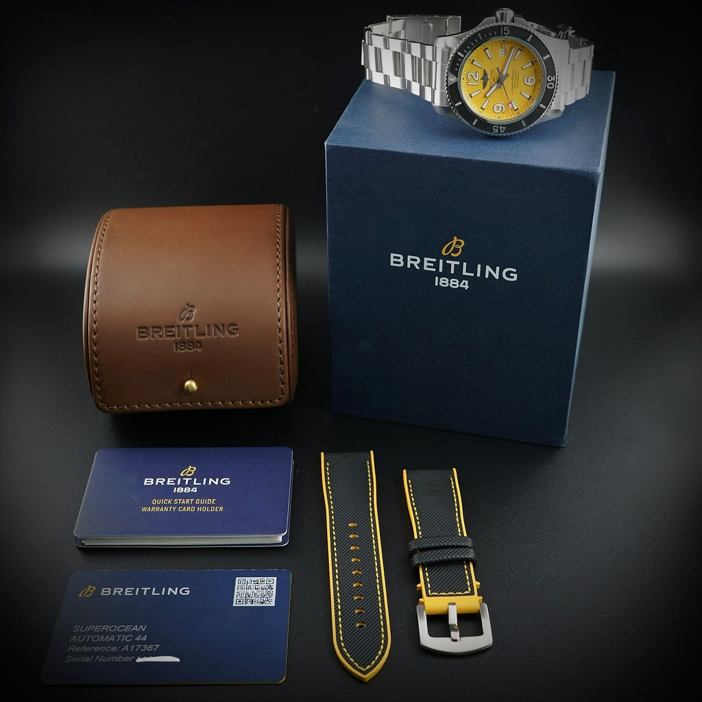 Breitling Superocean A17367 - 44mm, Yellow Dial, Box & Card, 2 Straps WFT Extras
