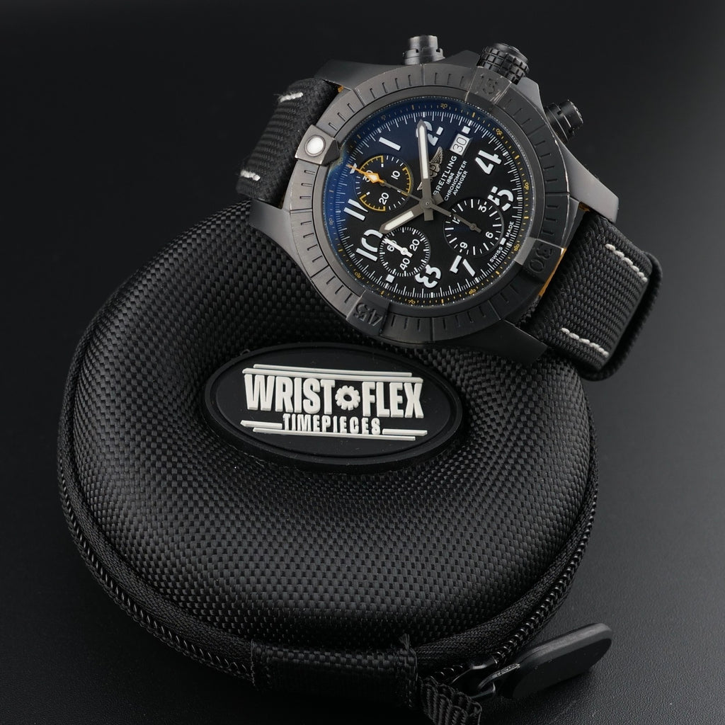 Breitling Avenger Night Mission V13317 chronograph subdials black dial close view
