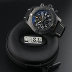 Breitling Avenger Night Mission V13317 chronograph subdials black dial close view
