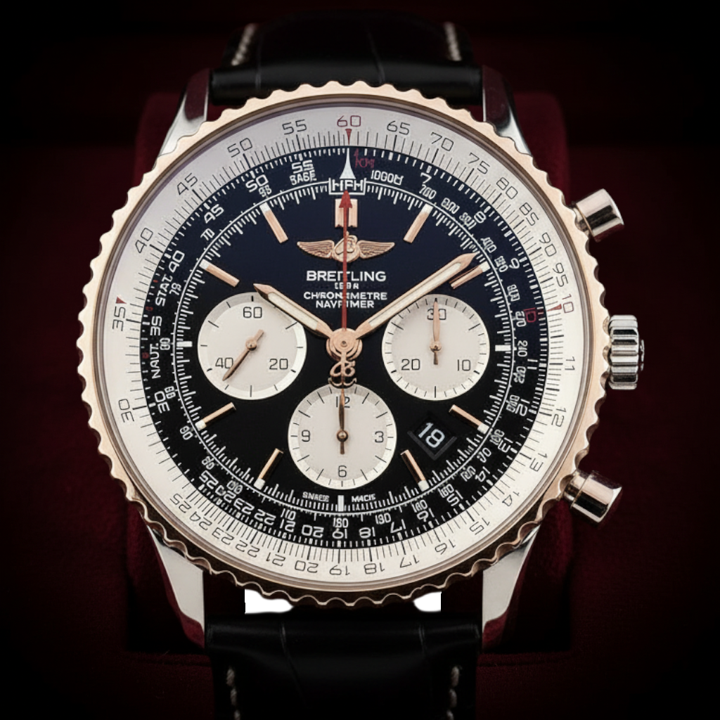 Wrist Flex Timepieces Breitling Navitimer B01 chronograph  with black dial, white subdials, and 18k rose gold bezel.UB0127