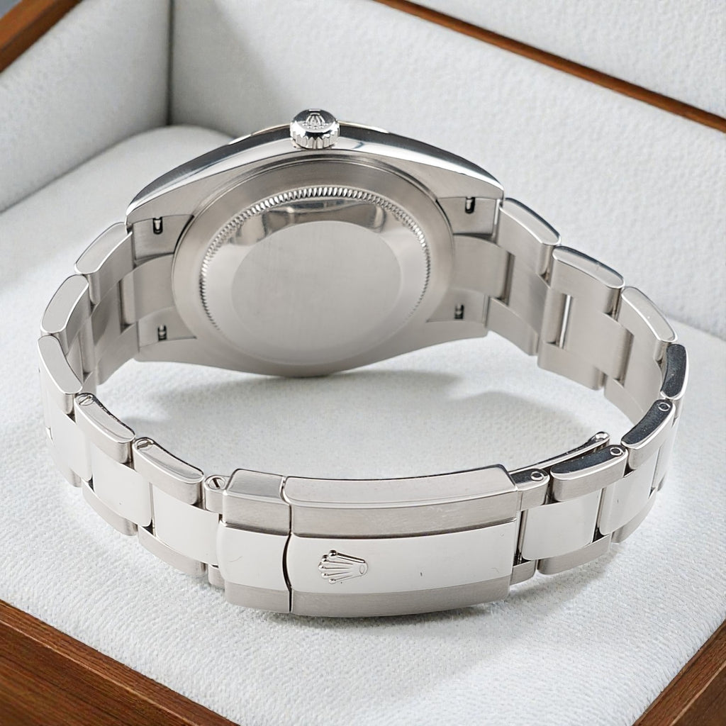Rear view of Rolex Datejust 41 126334 showing the solid caseback and stainless steel Oyster bracelet.