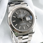 Rolex Datejust 41 126334 slate dial with stick hour markers, date window and fluted bezel, close front view.