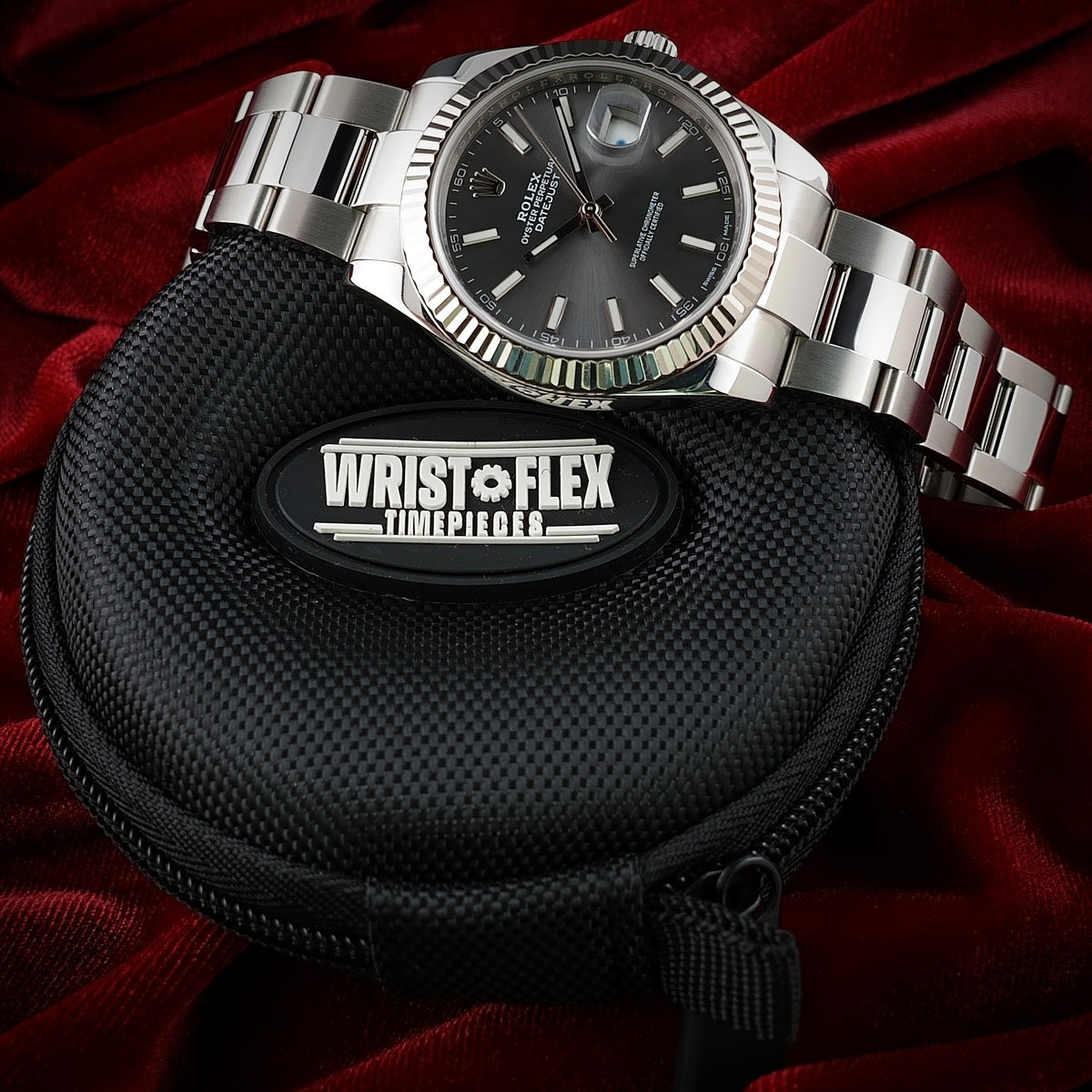 Rolex Datejust 41 126334 with slate dial displayed on a Wrist Flex Timepieces watch pouch.