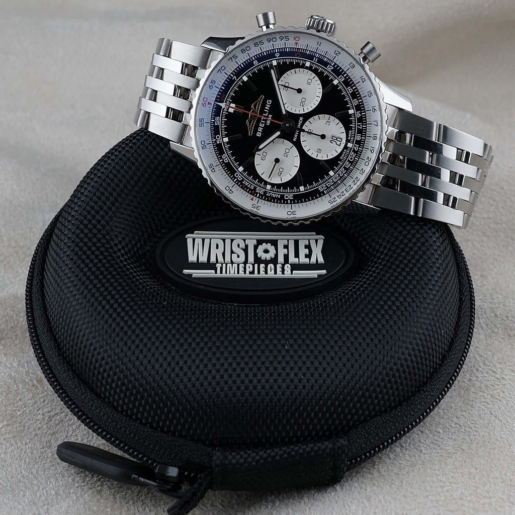 Wrist Flex Timepieces Breitling Navitimer B01 chronograph watch with black reverse panda dial and stainless steel bracelet