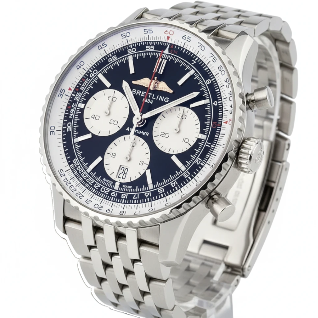Wrist Flex Timepieces Breitling Navitimer B01 chronograph watch with black reverse panda dial and steel rouleaux bracelet