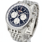 Wrist Flex Timepieces Breitling Navitimer B01 chronograph watch with black reverse panda dial and steel rouleaux bracelet
