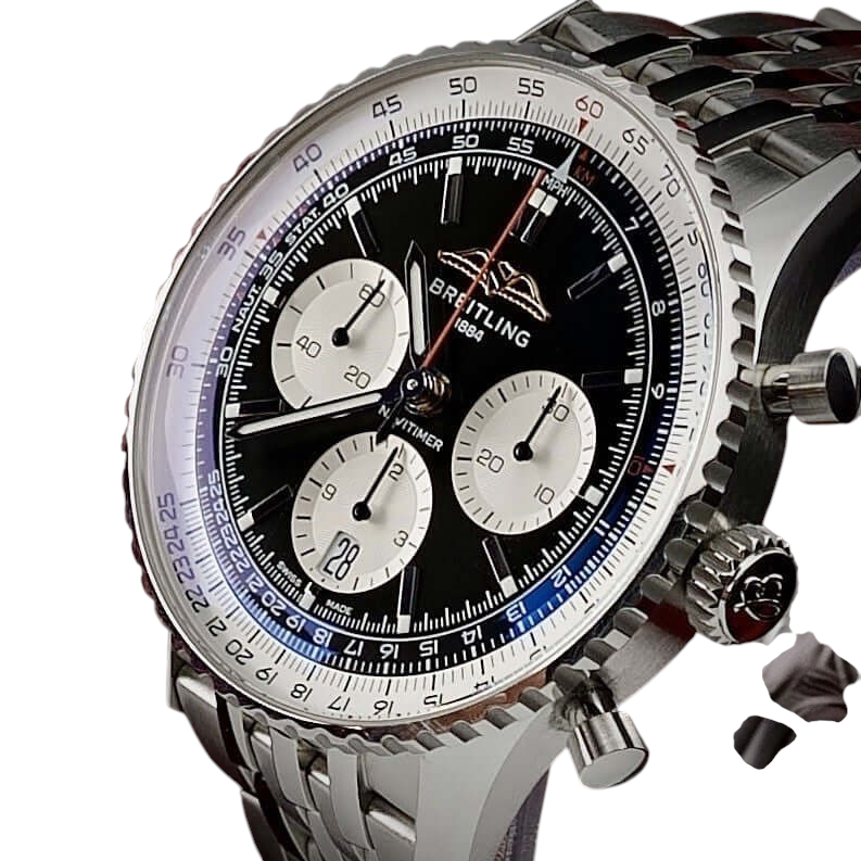 Wrist Flex Timepieces Breitling Navitimer B01 chronograph watch with black reverse panda dial and stainless steel bracelet