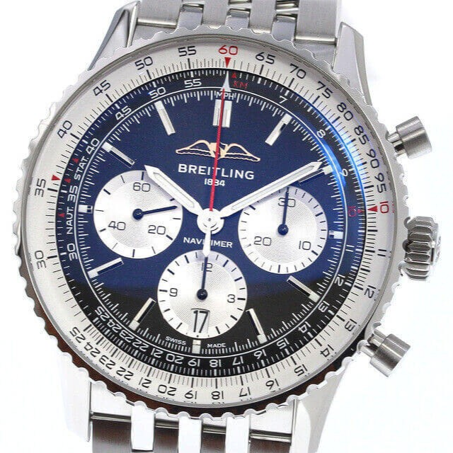 Wrist Flex Timepieces Breitling Navitimer B01 chronograph watch with black reverse panda dial and stainless steel band