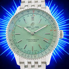 Wrist Flex Timepieces Breitling Navitimer Automatic 36 watch with a mint green dial and stainless steel bracelet.