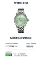 Wrist Flex Timepieces Breitling Navitimer Automatic 36 watch with a mint green dial and stainless steel bracelet.