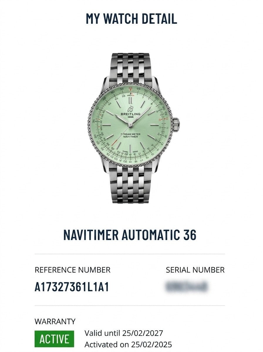 Wrist Flex Timepieces Breitling Navitimer Automatic 36 watch with a mint green dial and stainless steel bracelet.