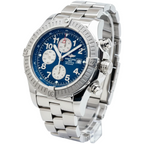 Wrist Flex Timepieces Breitling Super Avenger 48mm chronograph watch with blue dial and stainless steel bracelet
