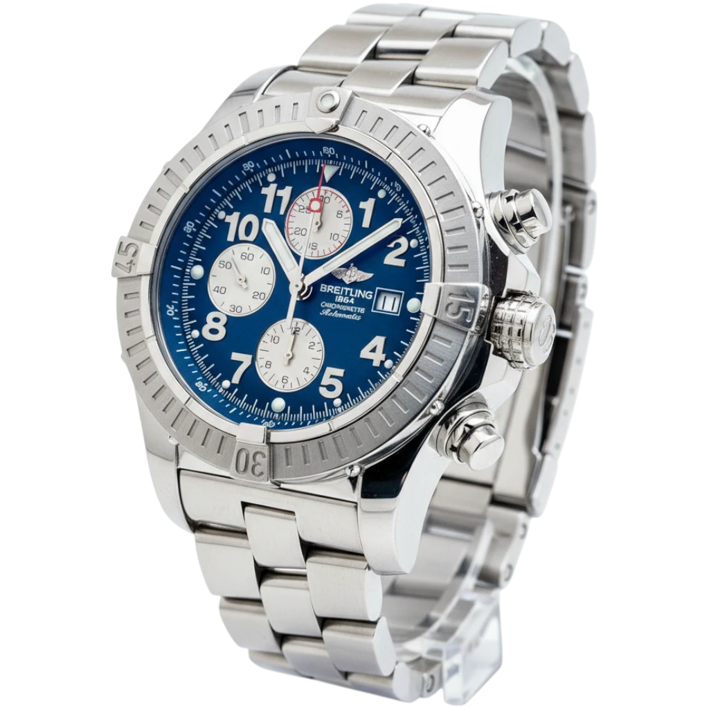 Wrist Flex Timepieces Breitling Super Avenger 48mm chronograph watch with blue dial and stainless steel bracelet