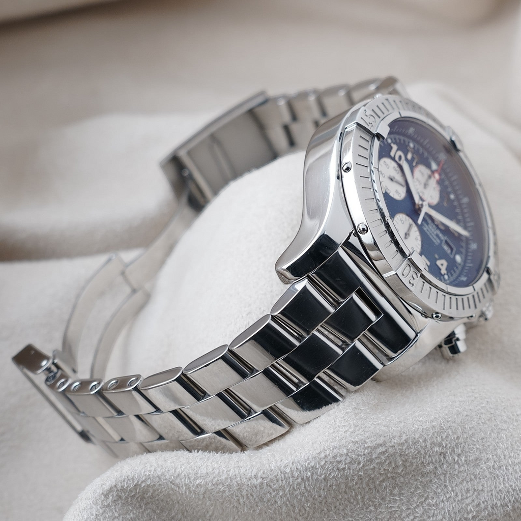 Wrist Flex Timepieces Breitling Super Avenger 48mm chronograph watch with blue dial and stainless steel bracelet