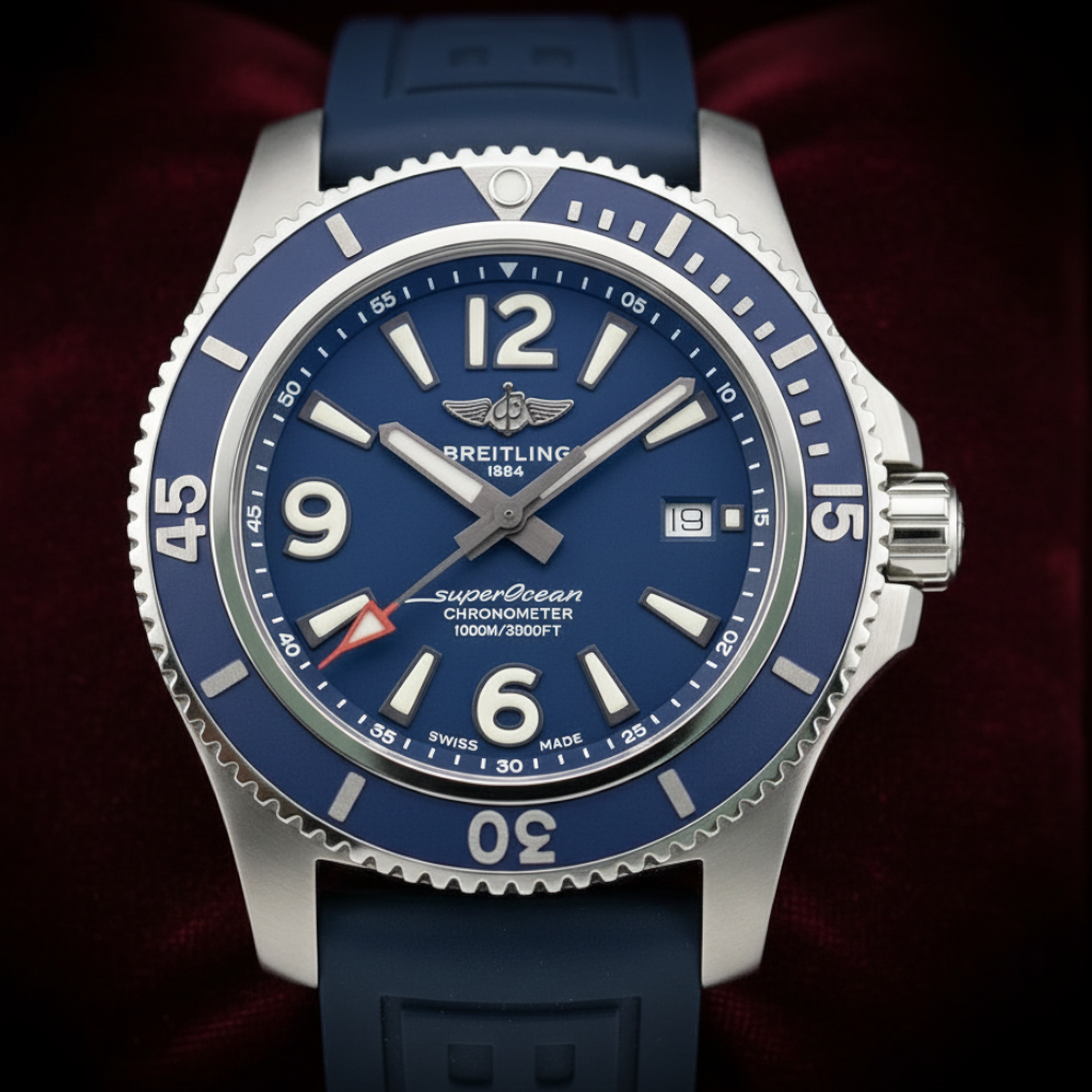 Wrist Flex Timepieces Breitling Superocean 44mm watch with a blue dial and matching blue rubber strap