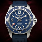 Wrist Flex Timepieces Breitling Superocean 44mm watch with a blue dial and matching blue rubber strap
